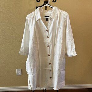 D&Co Elbow Sleeve Linen Shirt Dress in Off White, Women's Size 1X